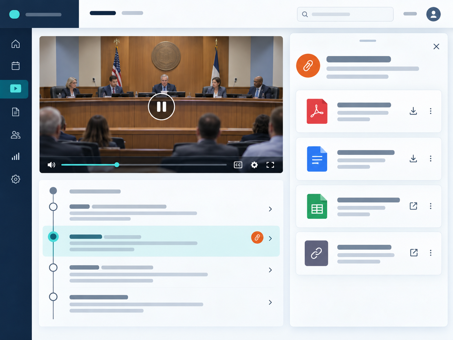 Meeting video interface with linked agenda attachments