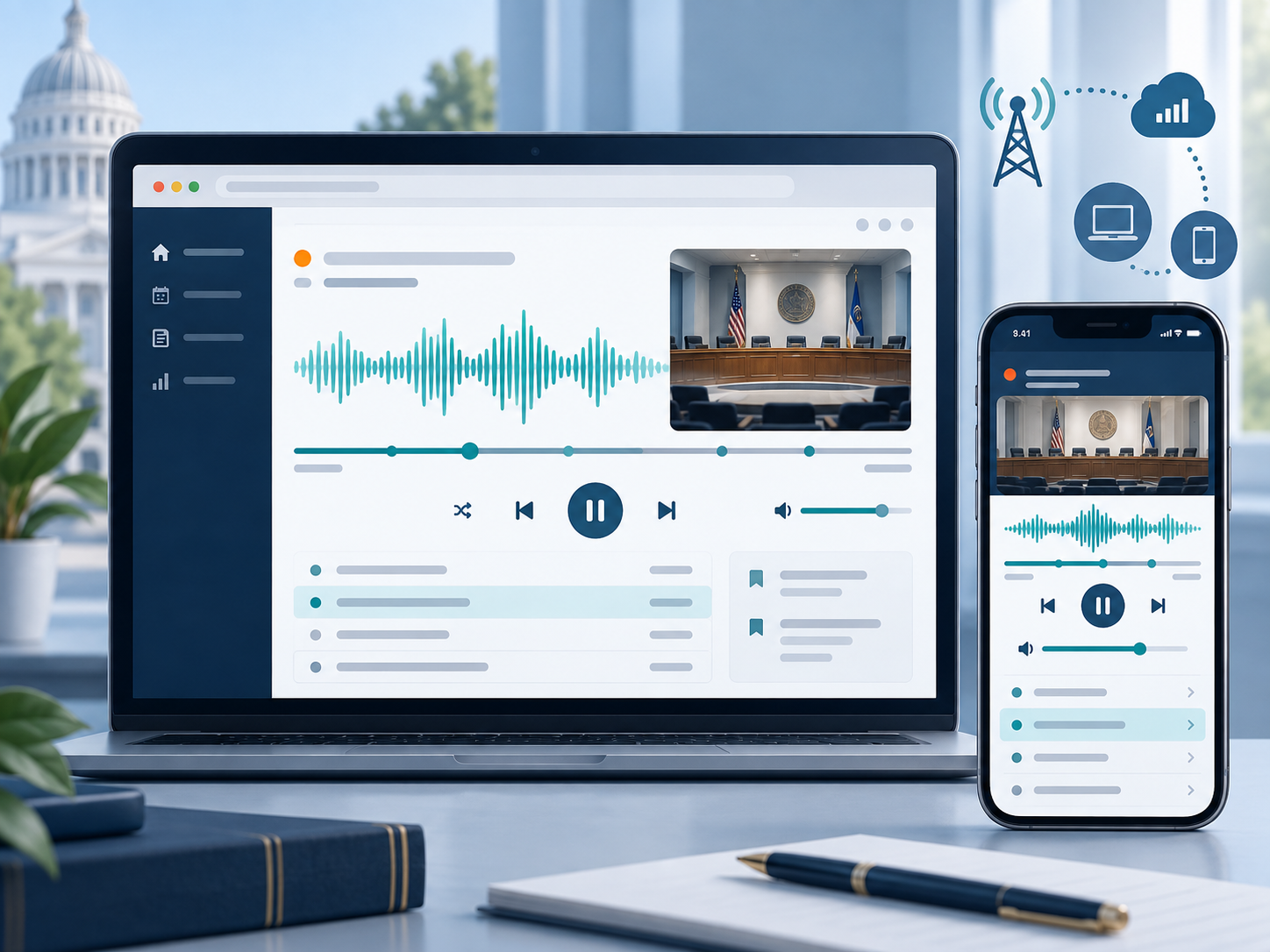 Audio simulcast interface shown on desktop and mobile devices